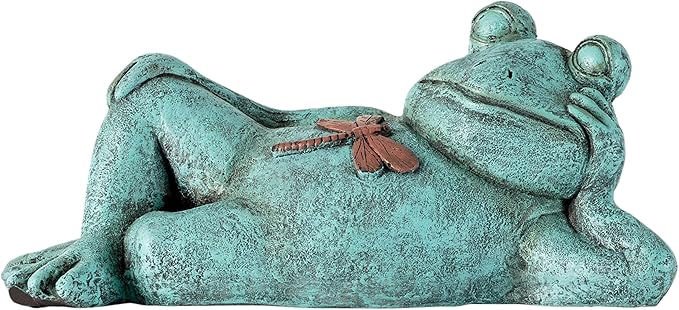 Alpine Corporation 7" Tall Indoor/Outdoor Sleeping Frog with Dragonfly Garden Statue Decoration