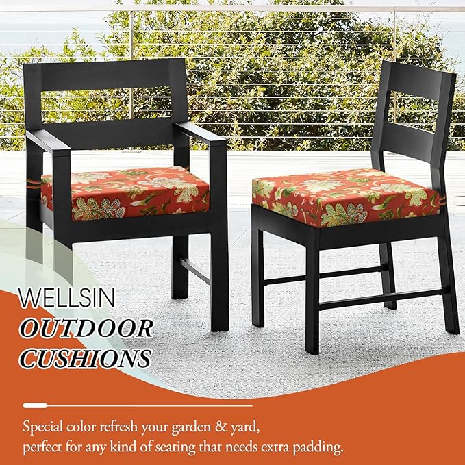 Wellsin Outdoor Chair Cushions for Patio Furniture - Outdoor Cushions for Chairs - Water Resistant Patio Chair Cushions Set of 4, 18.5"X16"X3", Flower Red