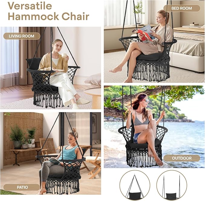 Athena Collection Hammock Swing Chair with Cushion, Outdoor Macrame Chair with Mounting Hardware, Max 350 Lbs, Large Cotton Rope Hanging Chair for Outdoor Indoor Porch Garden, Black