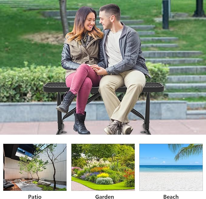4 Feet Metal Park Bench for Outside, Outdoor Heavy Duty Garden Bench with Portable Frame, Commercial Benches for Shopping Mall, Store, Park, Patio, Deck, Black