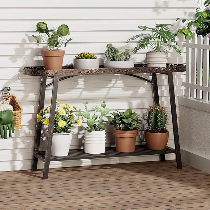 2 Tier Plant Stand Outdoor Indoor Metal Pland Stand, Heavy Duty Tall Plant Shelf Rack Display Flower Pot Holder for Patio Garden Balcony Living Room, Distressed Vintage Black