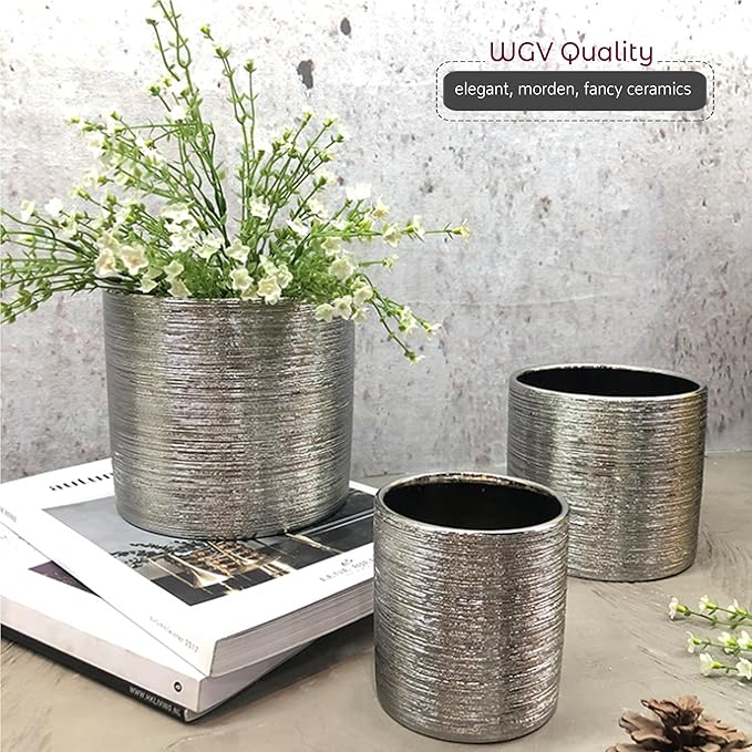 WGVI Silver Etched Ceramic Cylinder Vase Width 6.5" Height 6", Flower Arrangements, Candle Holder, Terrarium Planter Pot, Storage Container Organizer, Pen Brush Holder, Scratched Texture Design, 6 Pc