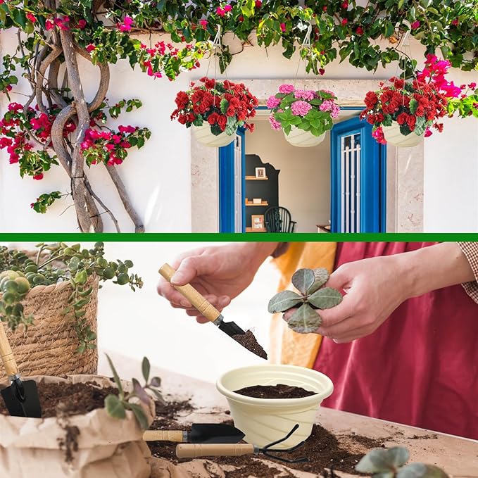 58 Pcs Plastic Hanging Planter Set with 2 Sets Potting Tools, Indoor Outdoor Flower Containers with Hooks Round Hanging Pots for Plants, Balcony and Garden Decor