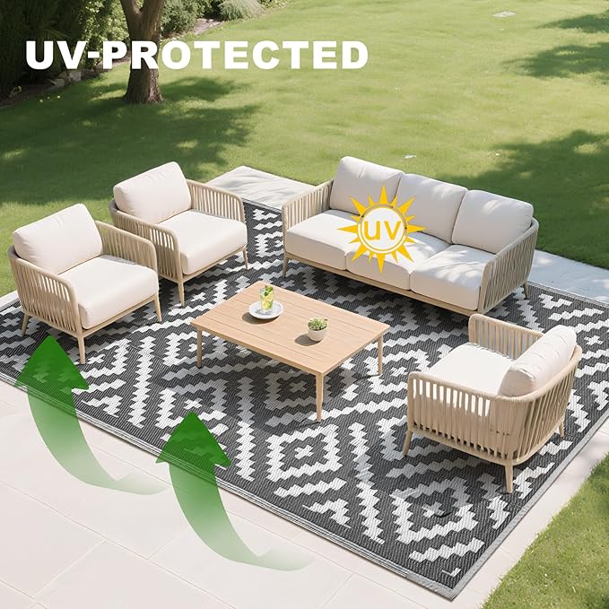 RURALITY Outdoor Rugs 8x10 Feet for Patios Clearance,Plastic Straw Waterproof Mats for Backyard,Porch,Deck,Balcony,Grey&White