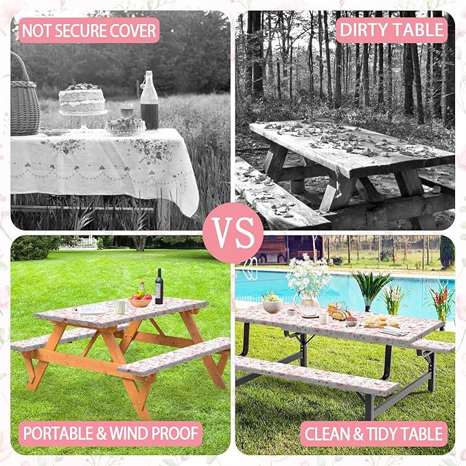 3PCS Picnic Table Cover with Bench Cover Cute Pink Floral Print Camping Tablecloth Fitted Picnic Picnic Table Cover with Elastic Windproof Waterproof, Outdoor & Garden Camping Accessories 96IN