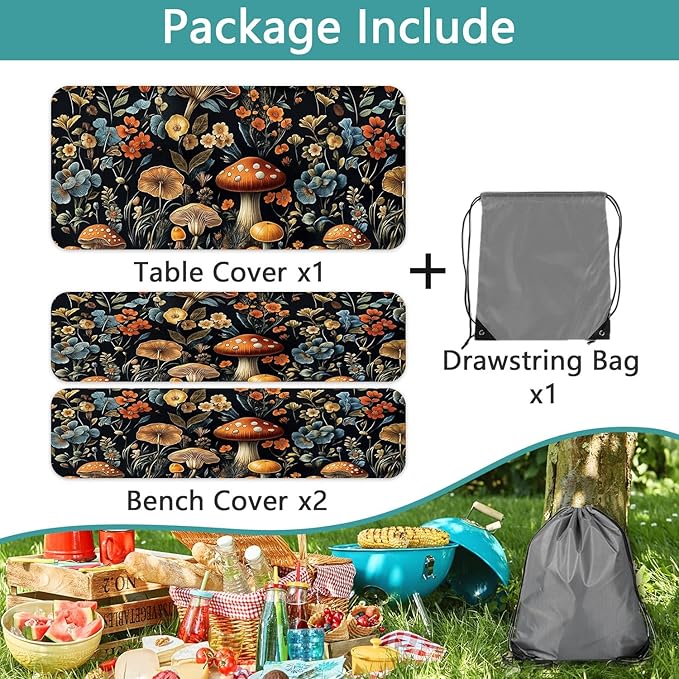 Picnic Table Cover with Bench Covers and Bag, Summer Outdoor Waterproof Windproof Tablecloth with Elastic Edges, Camping Accessories RV Gear Campers 3 Pcs Set, Black Mushroom 30X60inch