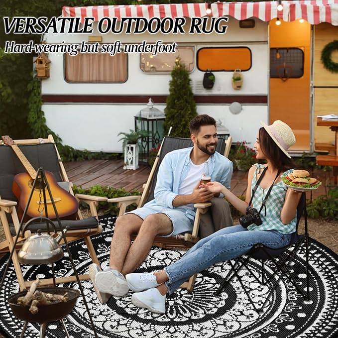 Cekene Reversible Outdoor Rugs 6Ft Round Patio Rugs Lightweight Plastic Straw Rug Waterproof RV Camping Mat Portable Area Rug for Patio Deck Porch Picnic Beach BBQ Garden
