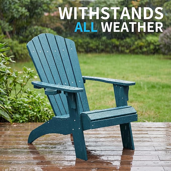 Psilvam Adirondack Chair, Oversized Poly Lumber Fire Pit Chair with Cup Holder, 350Lbs Support Patio Chairs for Garden, Weather Resistant Outdoors Seating, Relaxing Gift for Father & Mother(2, Blue)