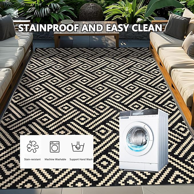 Outdoor Rugs for Patio Furniture, Balcony Rugs Outdoor Apartment 4x6, Washable and Stainproof Outdoor Rug for Small Patio Balcony 3x5 Geometric Outside Carpet Picnic Camping Mat