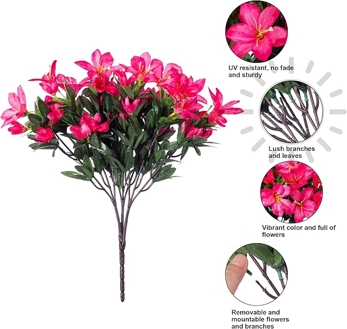 INSPRING Artificial Flowers for Outdoors Outside Decoration, 3 Bundles Spring Fake Silk Azalea Plants UV Resistant Realistic Faux Flowers for Outdoor Planter Front Door Patio Garden Home, Hotpink