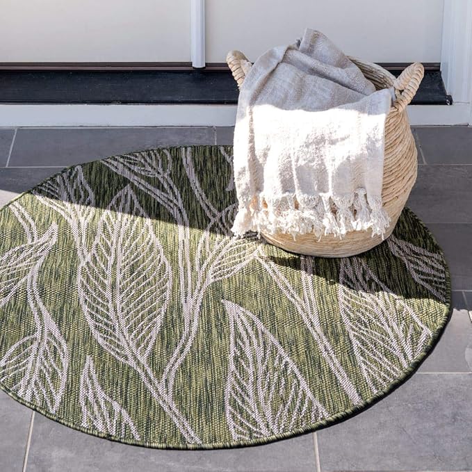 Unique Loom Outdoor Botanical Collection Area Rug - Leaf (4' 1" Round, Green/ Ivory)