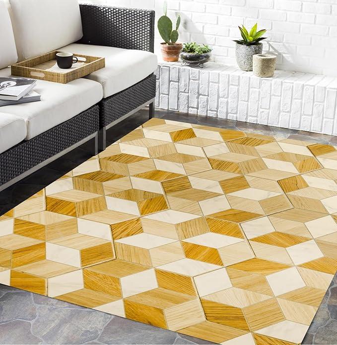 Rustic Imitation Wood Geometric Pattern Wood Grain 3x5 Outdoor Rug Brown Beige Wooden Board Print Outdoor Area Rug for Pool Patio Deck Garden Balcony Porch Non Slip Washable Outside Carpet Mat