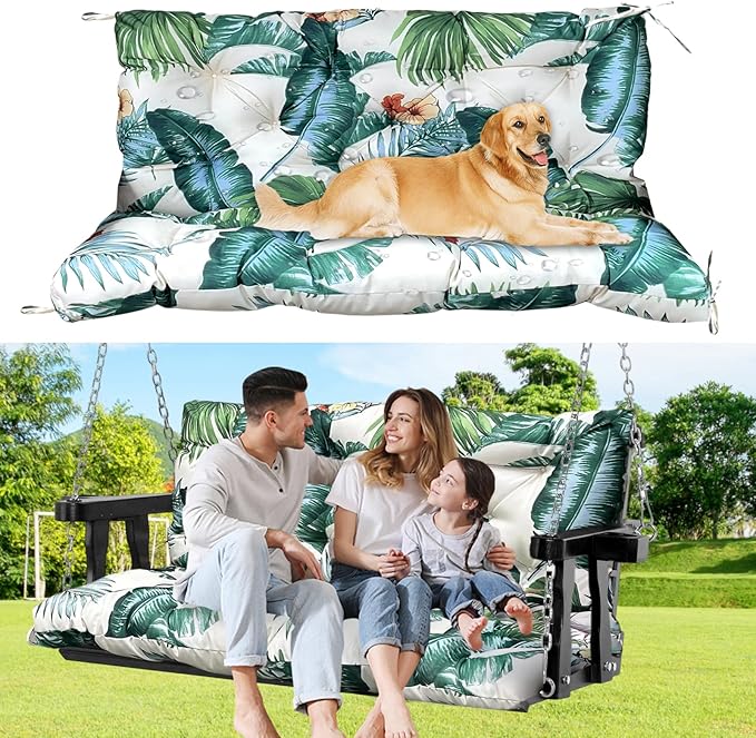 60" Porch Swing Cushion with Backrest, Waterproof Outdoor Bench Swing Cushions 3 Seater Replacement Thickened Swing Cushions with Ties for Patio Garden Backyard,Hawaiian Flower,60x40in