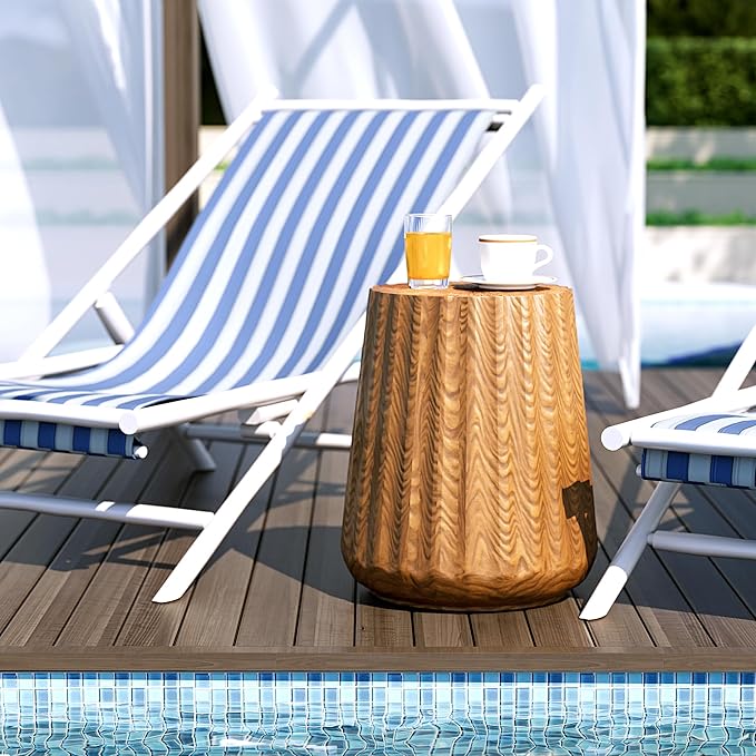 COSIEST Wooden Outdoor Side Table, Round MgO Concrete End Patio Side Table, Lightweight Cylinder Top Plant Stand with Rotund Base for Garden and Deck