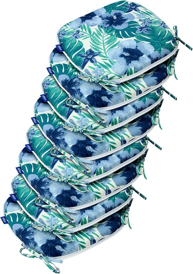 SleepMan Outdoor 17"x16" Chair Cushions with Ties Set of 8, Water Resistant All Weather U-Shape Seat Pads for Patio Garden Furniture Indoor Fade Resistant Patio Cushions (Blue Flower)