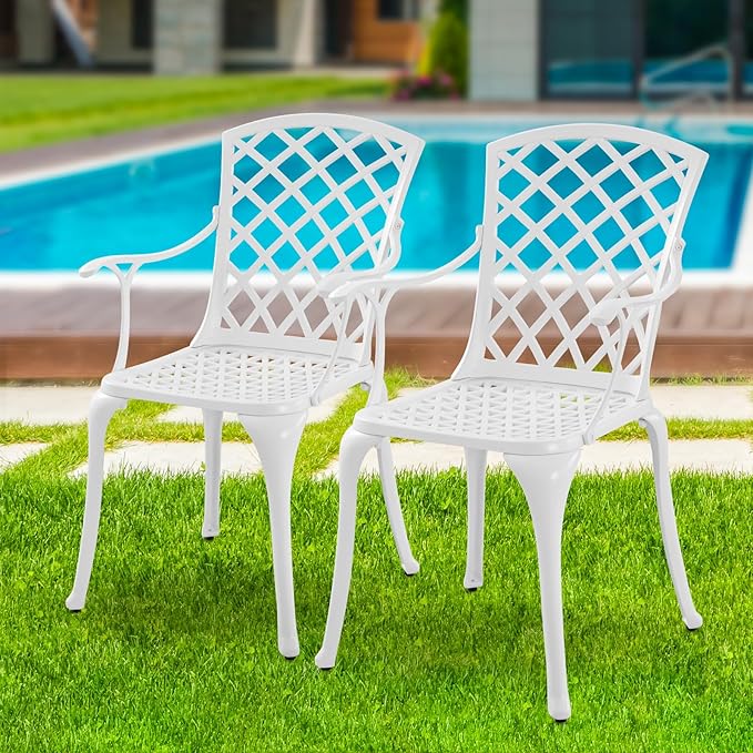 Modern Aluminum Patio Chairs, Indoor/Outdoor Dining Chairs, Metal Chairs for Bistro Patio or Restaurant, Set of 2, White