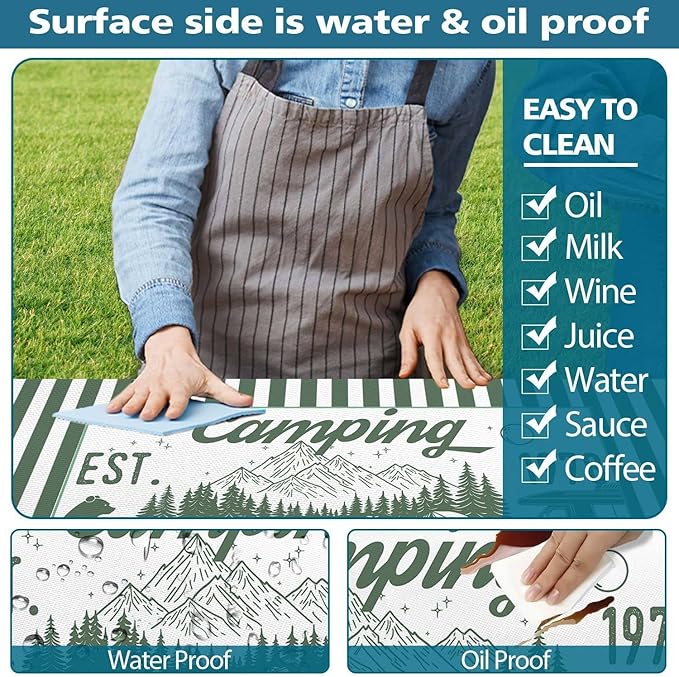 3PCS Picnic Table Cover with Bench Covers Green Stripe Bear Pattern Camping Tablecloth Fitted Picnic Picnic Table Cover with Elastic Windproof Waterproof, Outdoor Camping Accessories 96IN