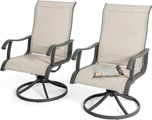 NUU GARDEN Patio Swivel Chairs Set of 2, Outdoor Dining Chairs with Armrests, Swivel Textilene Patio Dining Chair for All Weather, with Metal Frame, for Garden, Backyard, Deck, Poolside, Beige