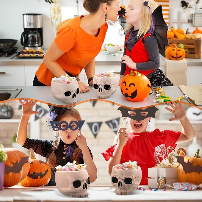 Sliner 2 Pcs Halloween Skeleton Skull Bowl and Cup - Figurine Candy Dish, Candle Holder, Planter Pot for Party Home Bar Decor