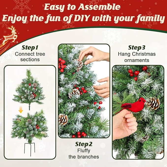 MARTINE MALL Set of 2 Outdoor Christmas Tree with Lights, 30in Christmas Urn Filler Christmas Planter Filler Outdoor Holiday Planter Bushes with Poinsettia Cardinal Birds for Front Porch Pathway