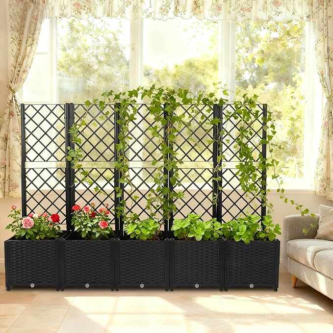 5PCS Raised Garden Bed with Treliis, Freestanding Garden Planter, Detachable Outdoor Planter Box, Vertical Garden Beds with Water Storage Mechanism for Climbing Growing, Backyard (Black)