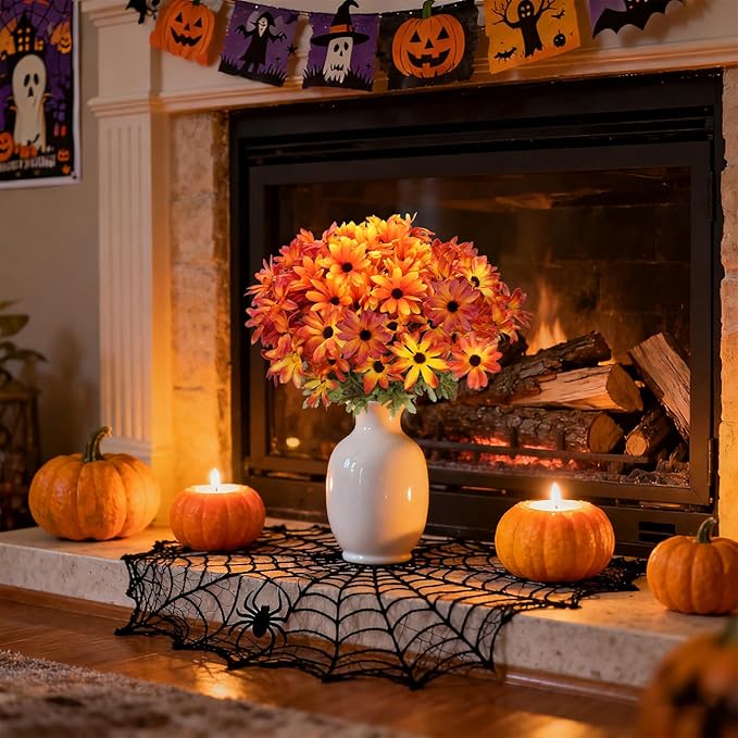 6 Bundles Halloween Flowers Artificial for Decoration, Faux Mums for Outdoor Planters,UV Resistant Chrysanthemum Flowers Fall Decor for Home Garden Patio Front Door Porch(Mixed Color)