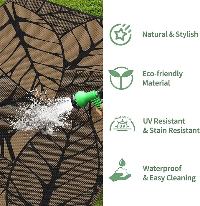 GENIMO Outdoor Rug 6' x 9' Waterproof for Patio Clearance, Reversible Plastic Straw Camping Carpet, Lightweight Mat for Rv, Camper, Deck, Porch, Picnic, Balcony, Beach, F.Black & Brown