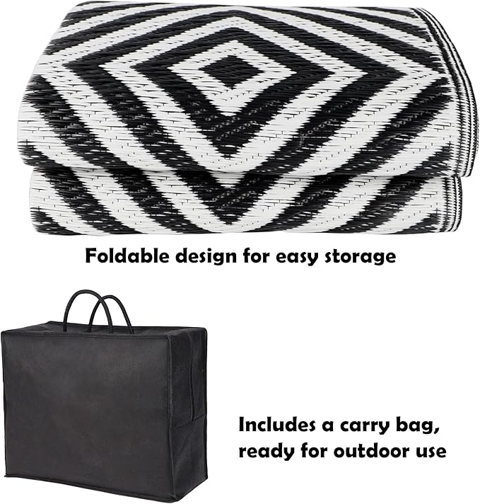 Reversible Mats, Outdoor Patio Rugs, Plastic Straw, Modern Area Rug, Floor Mat, RV, Patio, Backyard, Deck, Picnic, Beach, Trailer, Camping (Diamond Black & White, 5' x 8')