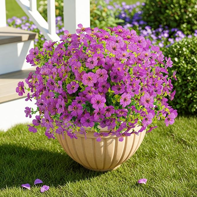Artificial Flowers Outdoor Faux Plants UV Resistant Fake Patio Flowers Plastic Greenery Plnats Outside Bulk for Spring Garden Hanging Planter Home Vase Decor, 24 Bundles (Purple)