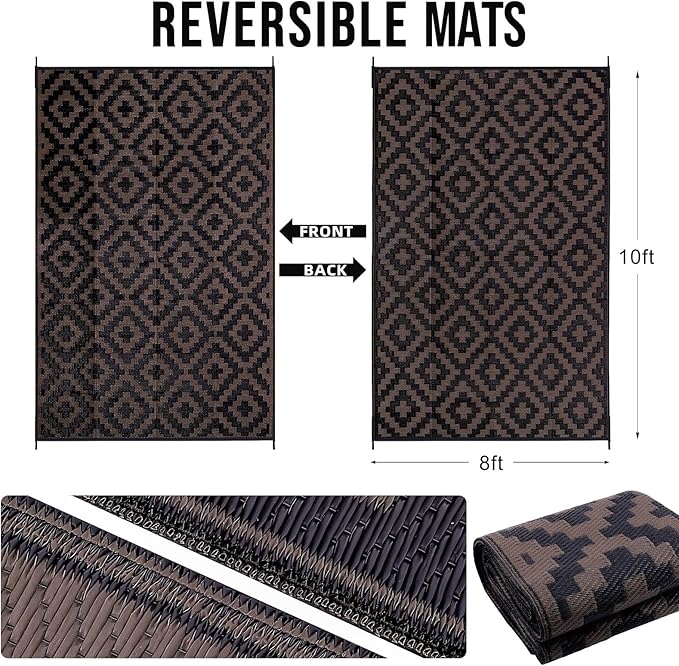 OLANLY Waterproof Outdoor Rug 8x10 ft, Outdoor Plastic Straw Rug for Camping, RV Mat Outside, Outdoor Carpet for Porch, Deck, Backyard, Balcony, Picnic, Black & Brown