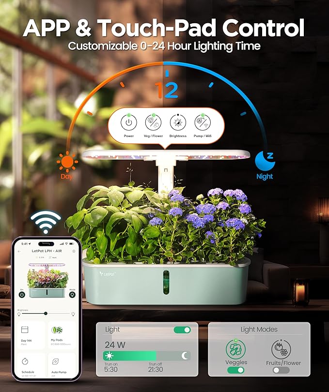 LetPot LPH-Air Hydroponics Growing System Kits, APP & WiFi Controlled Smart Indoor Garden with Adjustable 24W Grow Light Full Spectrum, 10 Pods Planter Indoor Gardening for Gifts, Kitchen, Vegetable