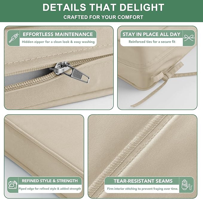Outdoor Chair Cushions Set of 4, Waterproof Backrest and Deep Seat Cushion Set for Patio Furniture, Outdoor Sofa Replacement Cushions with Removable Cover, 24 x 24 Inch, Cream