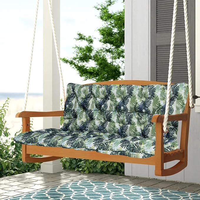 2-3 Seat Swing Replacement Cushion, Outdoor Bench Cushions with Backrest Thicken 4", Patio Furniture Garden Porch Loveseat Glider Pad Anti-Fading Waterproof (Palm Leaves, 40x40in)