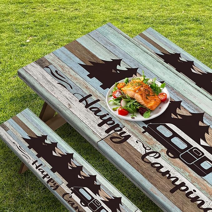 Picnic Table Cover with Bench Covers Elastic Edges, Green Camper Fitted Table Cover, Outdoor Patio Camping Essentials 72 Inch 3PCS, Waterproof Camping Fitted Tablecloth with Drawstring Bag
