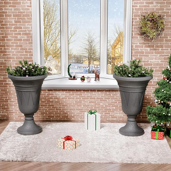 23.6" Tall Plastic Urn Planters for Outdoor Plants, Set of 2 Heavy-Duty Classic Indoor Large Flower Pots with Drainage Holes & Trophy Design, Outdoor Planters for Porch, Home Garden, Dark Grey