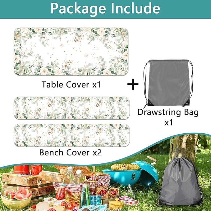 Picnic Table Cover with Bench Covers and Bag, Outdoor Waterproof Windproof Tablecloth with Elastic Edges, Camping Accessories RV Gear Campers 60x30 Inches 3 Pcs Set, Sage Green Eucalyptus Leaves