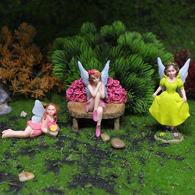 Miniature Fairy Garden Figurines Set, 3 Piece with Rose Bench, Fairy Garden Decor Accessories, Gifts for Girls, Desk Decor or Dashboard Ornaments