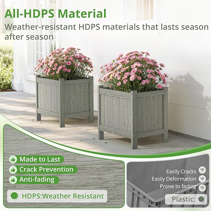LUE BONA Outdoor Plant Pots Set of 2, 13.7" x 12.5" x 14.5" Flower Pots with Drainage Holes, Outdoor Planter Box for Outdoor Plants - Porch Patio, Garden or Entryway, Light Gray-Oil Printed
