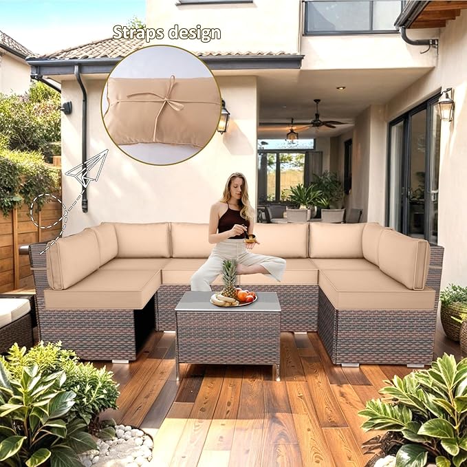 Outdoor Replacement Cushions for Patio Furniture,14-Piece Patio Water-Resistant Replacement Sofa Cushions,Fits 6-seat Sectional Rattan Conversation Set,Liner&Cover (Beige)