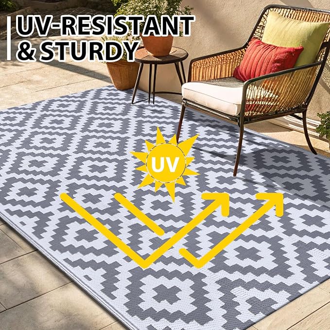 Smiry Waterproof Outdoor Rug 8x10 ft, Reversible Plastic Straw Patio Camping Rugs, Outdoor Indoor RV Mat Carpet for Patio, Outside Entry, Backyard, Deck, Bench, Picnic, Camper, White & Grey