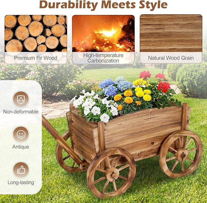 Giantex Wood Wagon Planter Set of 2, Rustic Rolling Flower Pot Stand with Wheels, Handle & Drainage Hole for Growing Vegetables Herbs, Indoor Outdoor Decorative Cart for Patio Balcony Garden