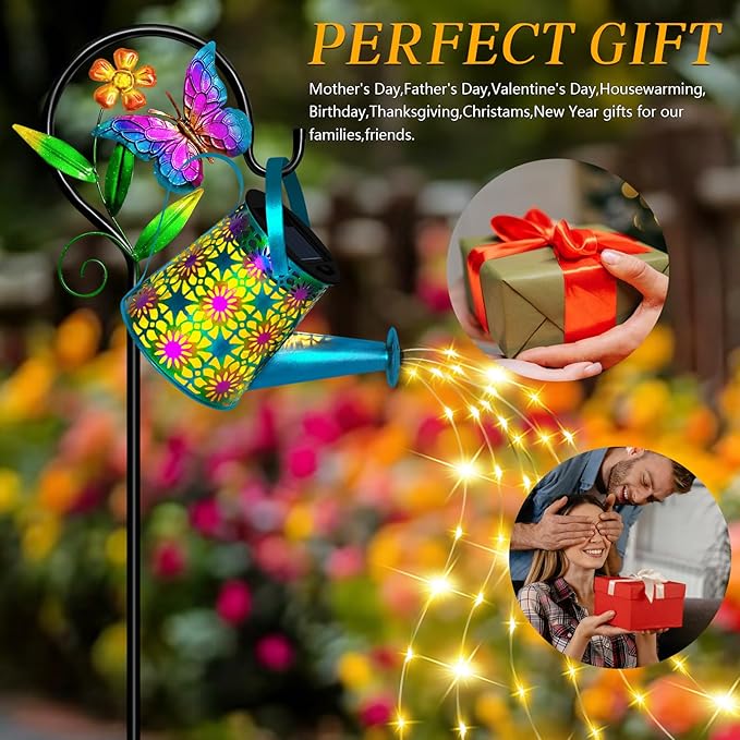 Christmas Gifts Solar Watering Can with Lights, Waterproof Solar Lantern with Butterfly Shepherd Hook, Hanging Garden Lights for Patio Yard Lawn Porch Outdoor Decoration, Unique Garden Gifts for Women