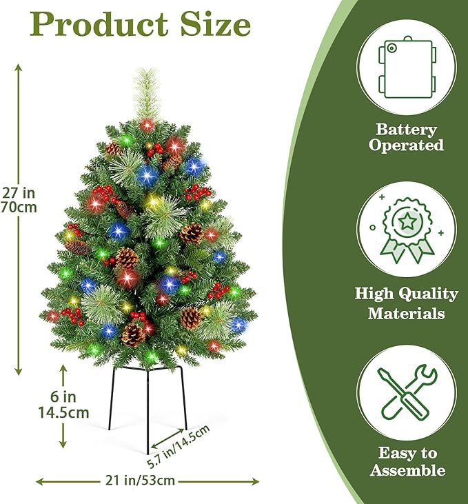 [2 Pack & Timer] 33 Inch Christmas Tree Urn Fillers with 50 Warm & Colorful Change Lights Pinecones Red Berries Tripod Stake Battery Operated 8 Mode for Porch Outdoor Xmas Trees Christmas Decorations