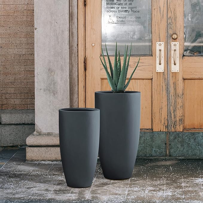 Kante 31.4" and 23.6" H Charcoal Finish Concrete Tall Planters Large Outdoor Indoor Decorative Plant Pots with Drainage Hole and Rubber Plug, Modern Tapered Style for Home and Garden