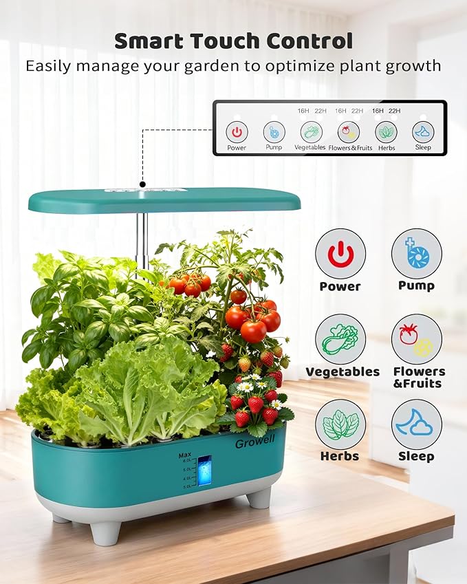 Hydroponics Growing System Kit, 16 Pods, Vertical 8L Indoor Gardening System for Herb Vegetable Fruit, with LED Grow Light, Smart Water Circulation, 3 Light Modes & 2 Timer, Green