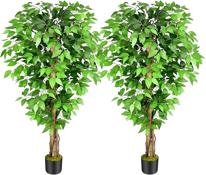 5ft Ficus Artificial Trees with Natural Curved Trunks, 60" Tall Lush Faux Tree for Home Decor Indoor, Green Lifelike Fake Ficus Tree Artificial Plants (Set of 2)