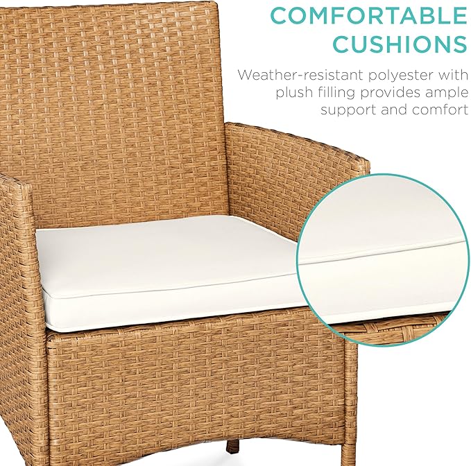 Best Choice Products 3-Piece Outdoor Wicker Conversation Bistro Set, Space Saving Patio Furniture for Garden w/Side Table - Natural/Ivory