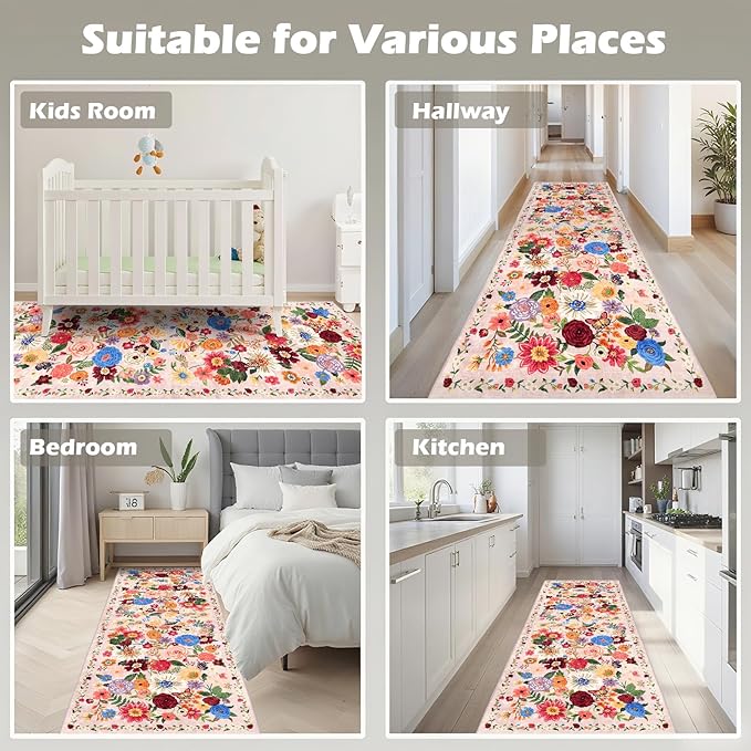 Pink/Beige Rug for Hallways Kitchen Rug 2x8, Non Slip Washable Rugs with Rubber Backing Soft Floral Carpet Runner for Hallways, Kitchen, Laundry, Bedroom, Bathroom (2 x 8, Beige/Pink Garden)