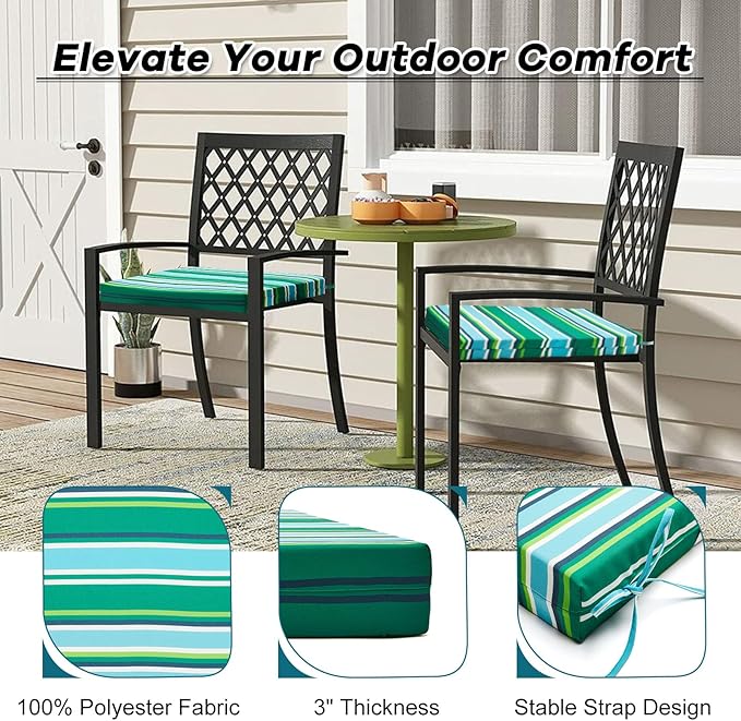 Basic Beyond Outdoor Chair Cushions Set of 4, Square Corner Outdoor Cushions for Patio Furniture, Water Resistant Patio Chair Cushions with 2 Ties, 18.5x16x3, Pinstriped Green