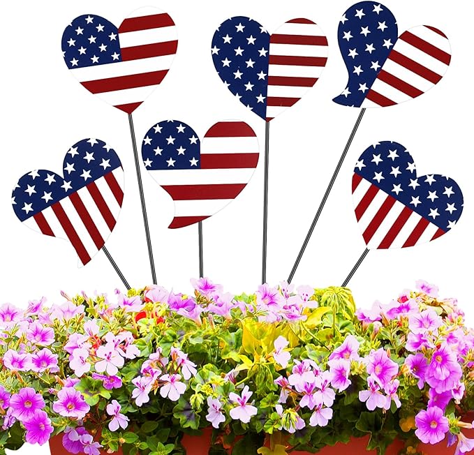 Pickmesh 6 Pcs 12" H Patriotic Metal Yard Sign Patriotic Heart Garden Stake 250th Anniversary USA Flag American Yard Sign for Memorial Day Outdoor Decor 4th of July Independence Day Decoration
